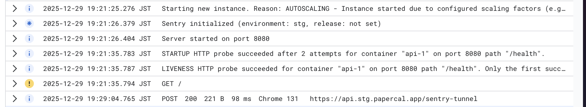 Cloud Runのログ：サーバー起動からヘルスチェック成功まで約10秒